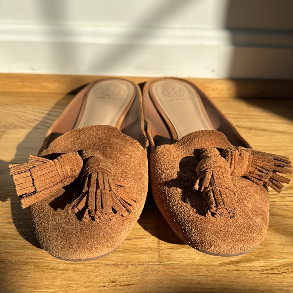 Tory Burch Brown Suede Tassel Accents Mules